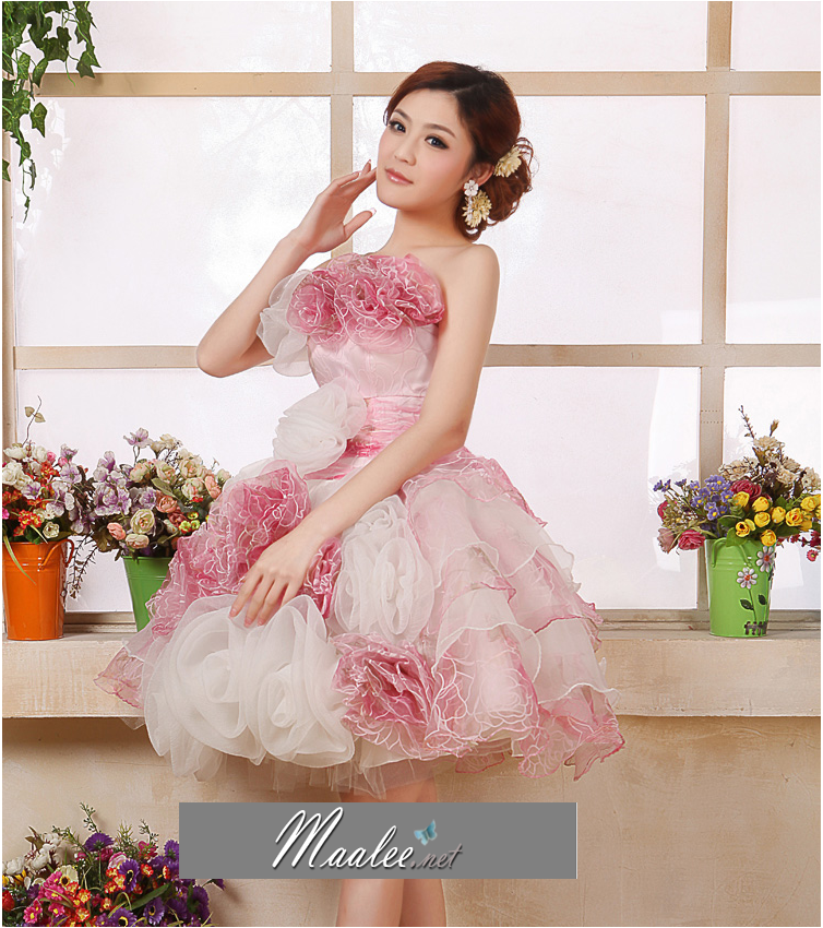 พร้อมเช่า ชุดแฟนซี เช่า 500 ชุดราตรีสั้น เกาะอก สีกุหลาบแต่งดอกไม้สามมิติ พองฟูน่ารักมาก