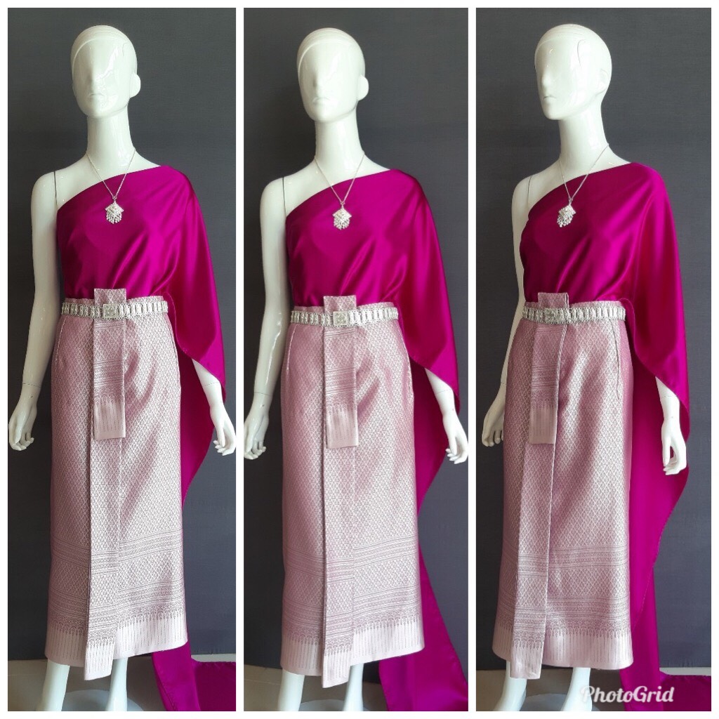 เช่า ชุดไทย ชุดเพื่อนเจ้าสาว ชุดไทยผ้าถุงสีม่วง สไบเรียบสีม่วงมะเหมี่ยว