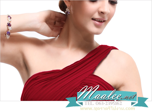 พร้อมส่ง ชุดราตรียาว เกาะอก ไหล่เดียว สีไวน์แดง ผ้าชีฟองจับเดรปไขว่ช่วงหน้าอก ทิ้งชายด้านหลัง (ซิปข้างลำตัว)