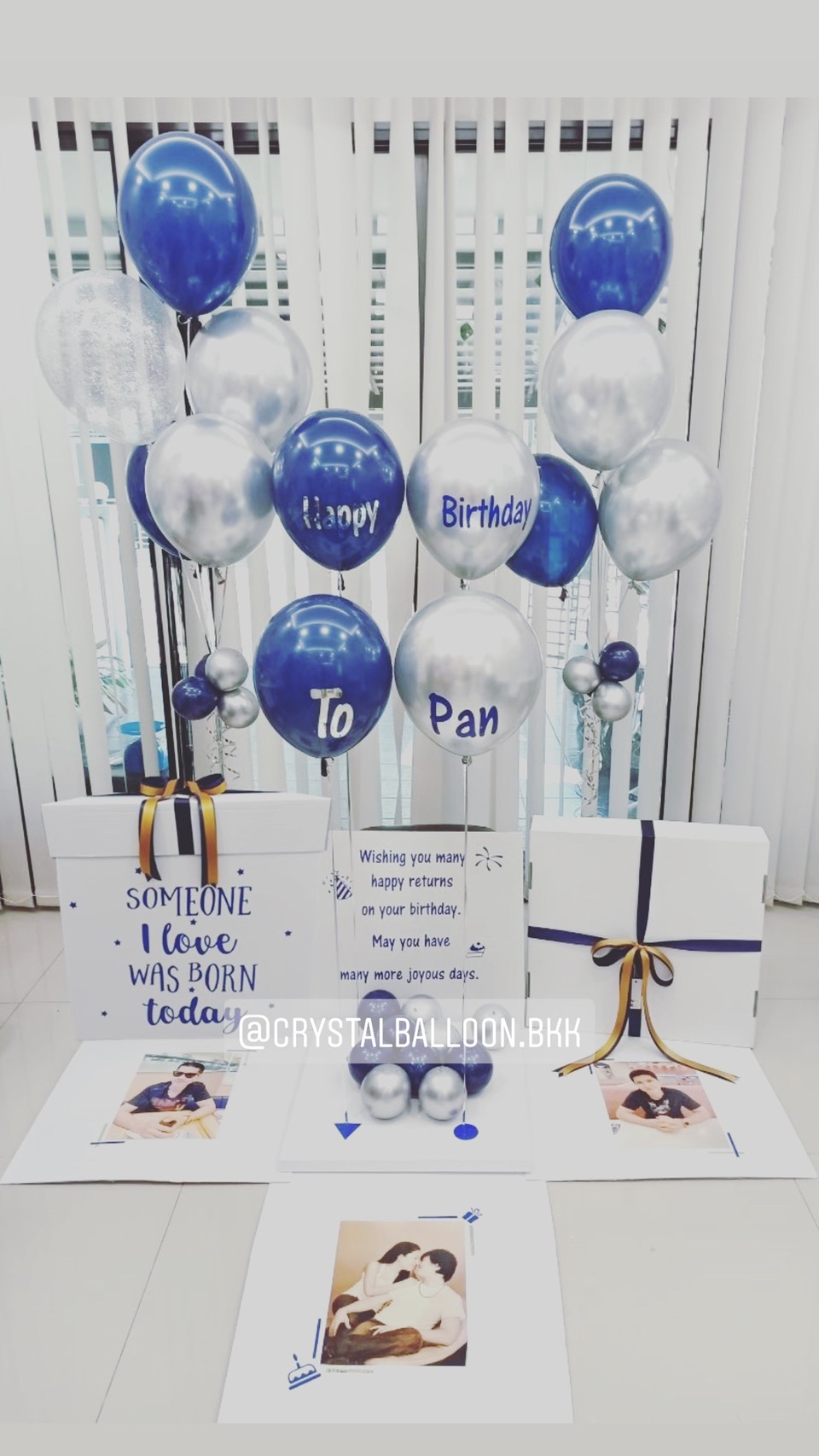 Happy Birthday Surprise Box กล่องเซอร์ไพรส์วันเกิด Theme Dark Blue-เงิน พร้อมตกแต่ง ช่อลูกโป่ง 5 ลูก 2 ช่อ,ลูกโป่งใส ใส่กลิตเตอร์,สามารถใส่รูปได้ 3 ใบ สามารถเปลี่ยนสีลูกโป่ง/เปลี่ยนข้อความได้