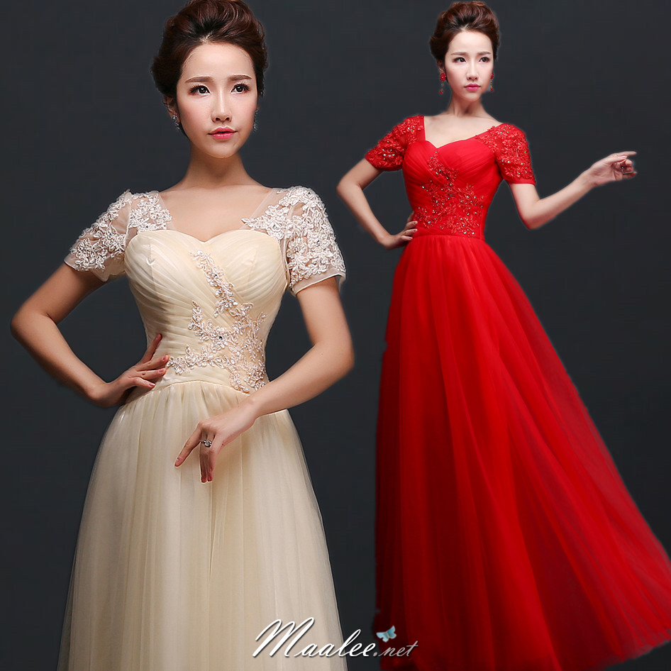 พร้อมเช่า ชุดราตรียาว แขนสั้น แต่งผ้าตาข่ายนิ่มทั้งชุด ปักเลื่อม&ลูกไม้ แบบเรียบหรู สไตล์เจ้าหญิง สีครีม Champagne