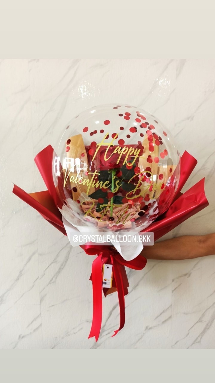 Flower Balloon Valentine's Day ดอกกุหลาบแดงประดิษฐ์ 1 ดอก Bubble ขนาด 18" สามารถใส่เงินได้ 30 ใบ พร้อมตกแต่ง สามารถเปลี่ยนข้อความ/เปลี่ยนสีได้