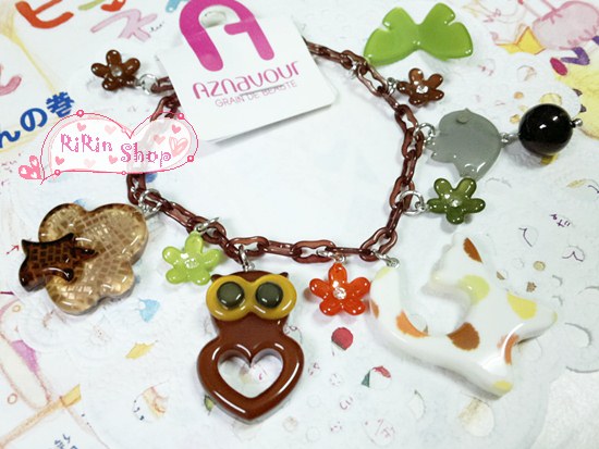 Aznavour สร้อยข้อมือเซลลูโลส (Cellulose)จี้ต้นไม้,นกฮูก,แมว,นกและผีเสื้อ(เส้นสีน้ำตาล)