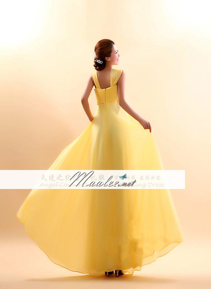 พร้อมส่ง ชุดราตรียาว ผ้าชีฟอง สีเหลือง แต่งคริสตัลหรูช่วงอกและเอว