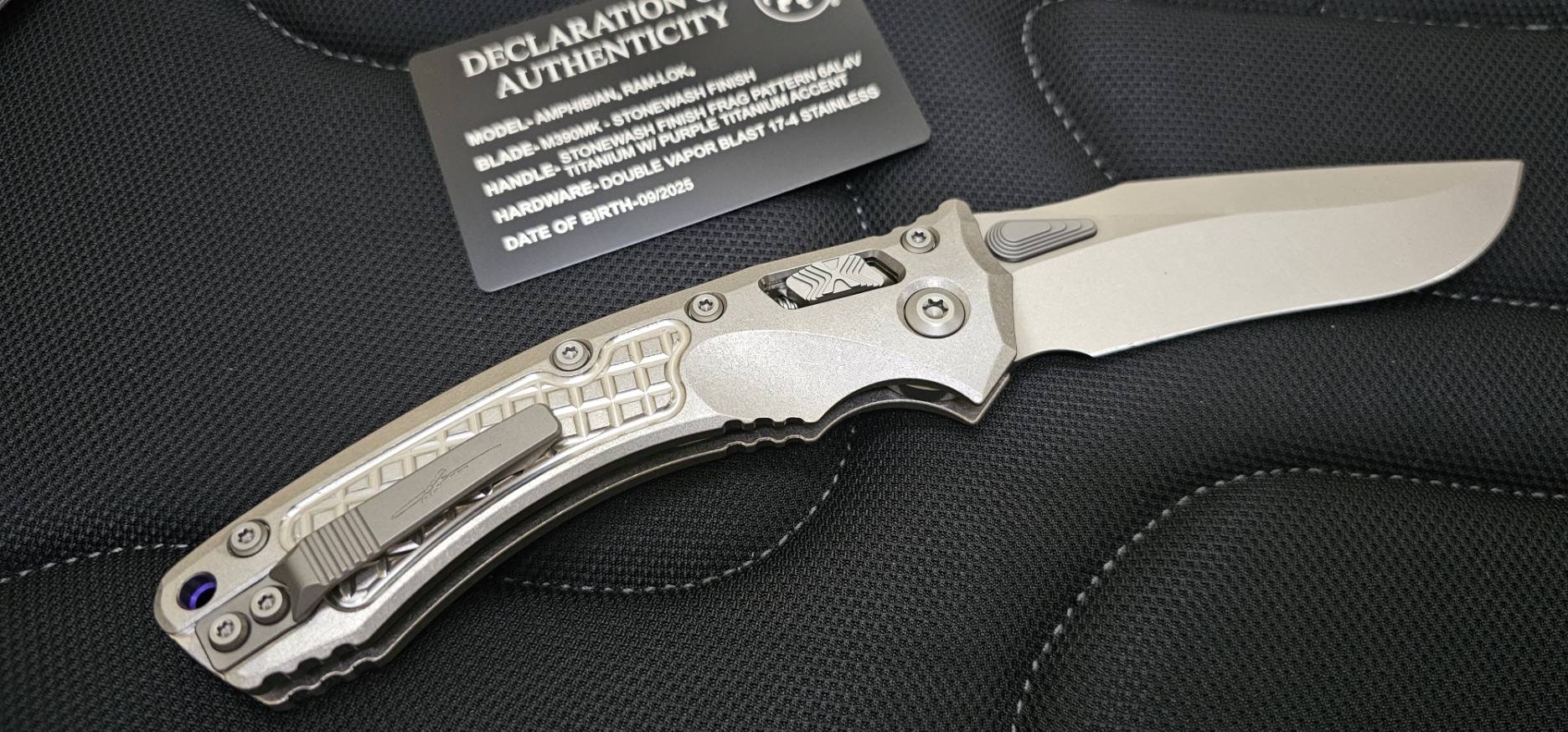 Microtech Marfione Select Amphibian RAM LOK Titanium Frag Handles & Stonewash M390MK w/ Double Vapor Blast & Purple Accents