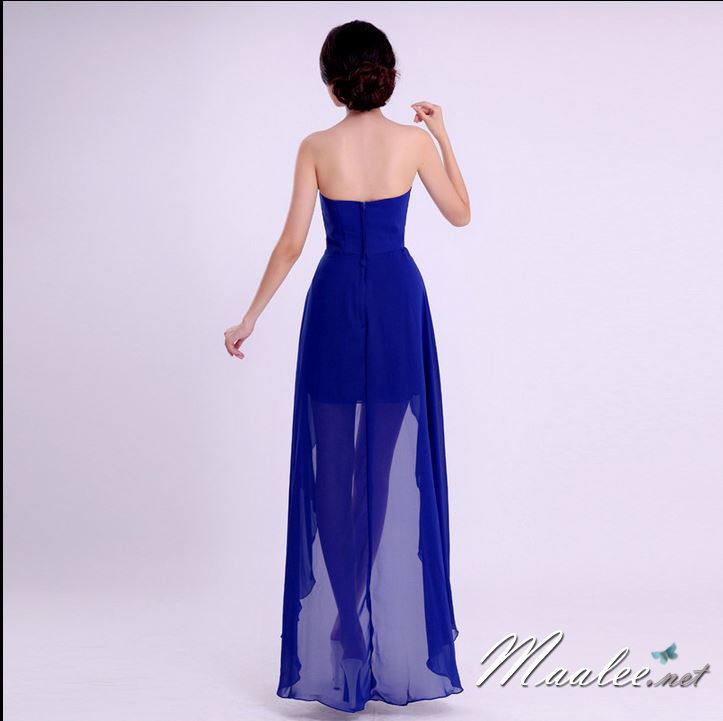 พร้อมเช่า ชุดราตรีสั้น เกาะอก หน้าสั้นหลังยาว สีน้ำเงิน ผ้าชีฟอง เรียบหรูแต่งเพชรช่วงเอว