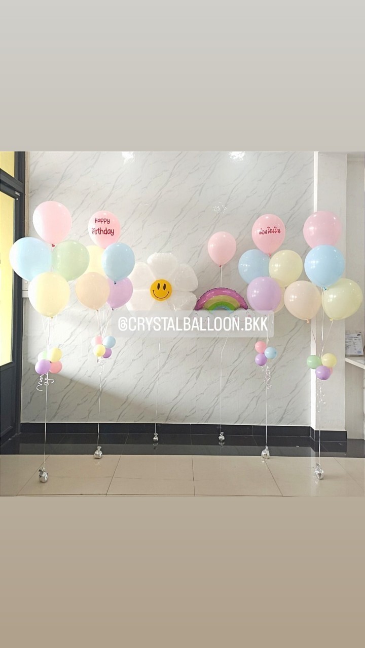 ลูกโป่ง วันเกิดเด็ก ช่อลูกโป่งสีพาสเทล ช่อ 5 ลูก 4 ช่อ พร้อมตกแต่ง ฟอยล์ดอกเดซี่ 1 ชิ้น,ฟอยล์สายรุ้งยิ้ม 1 ชิ้น สามารถเปลี่ยนสีลูกโป่ง/เปลี่ยนข้อความ/เปลี่ยนฟอยล์ตกแต่งได้