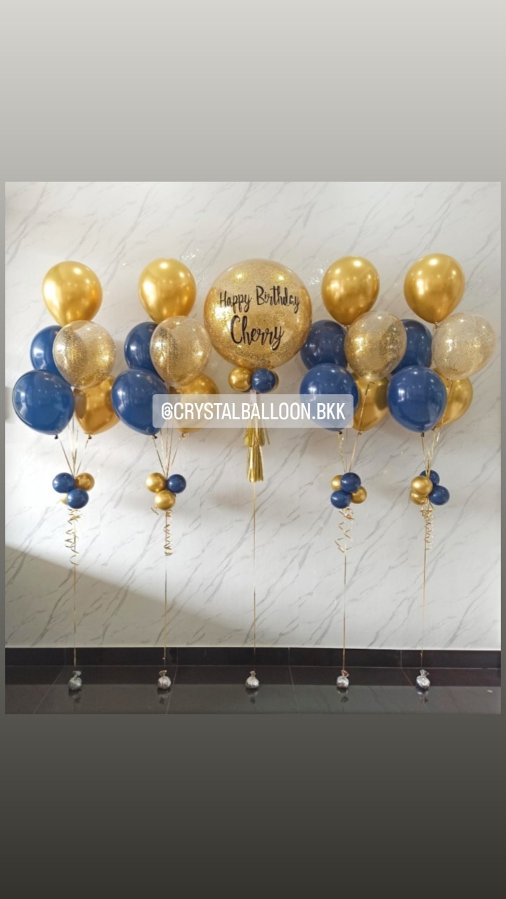 ลูกโป่ง วันเกิด Bubble ขนาด 24'' กลิตเตอร์สีทอง พร้อมตกแต่ง ช่อลูกโป่ง 5 ลูก 4 ช่อ สามารถเปลี่ยนสีลูกโป่ง/เปลี่ยนข้อความ/เปลี่ยนขนาดได้