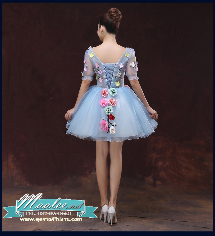 พร้อมเช่า ชุดแฟนซีสั้น สีฟ้า แขนยาว แต่งดอก Fairy สไตล์เจ้าหญิง กระโปรงพองสวยชายย้วย เชือกผูกหลัง