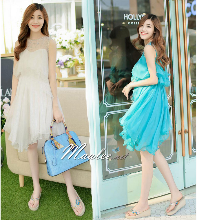 พร้อมส่ง ชุดออกงาน ชุดเดรสสั้น สีชมพู แต่งระบายผ้าไหมชีฟอง ปักเลื่อมช่วงคอ