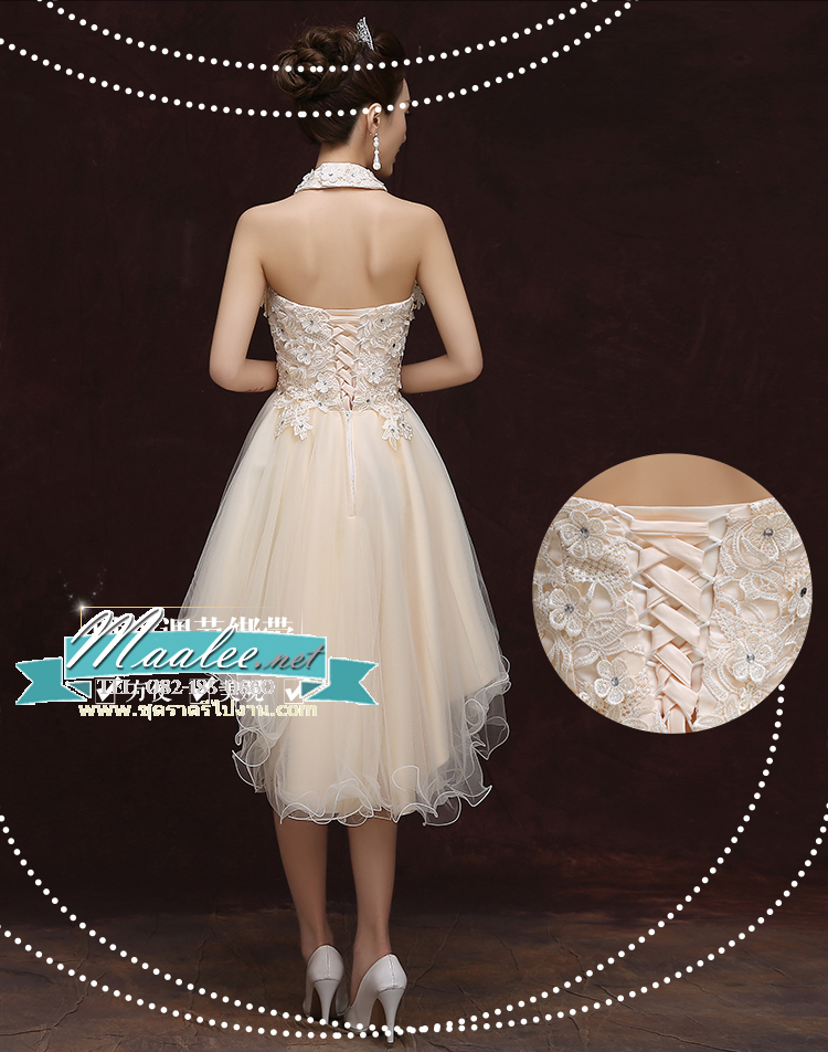 พร้อมเช่า ชุดราตรีสั้น เกาะอก ลูกไม้ หน้าสั้นหลังยาว สีเทา พร้อมสร้อยคอลูกไม้ ถอดแยกได้