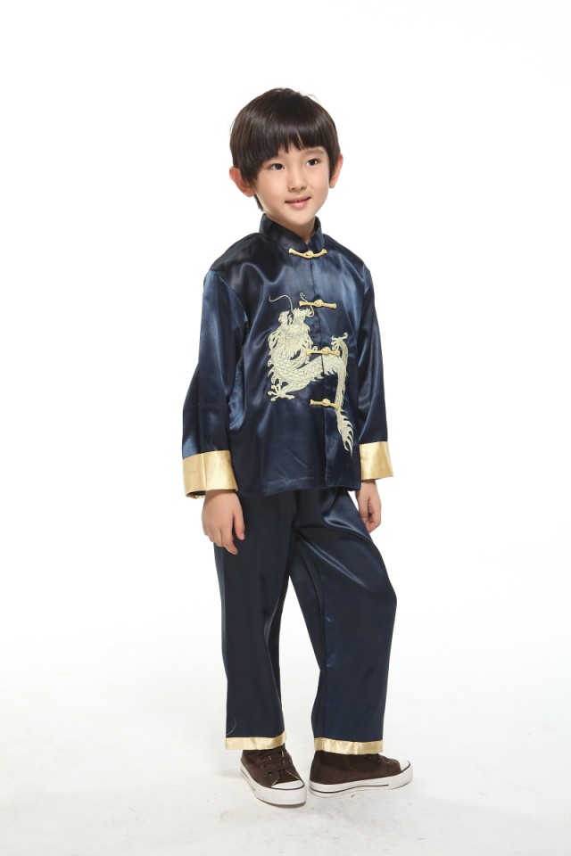 พร้อมเช่า ชุดจีนชายเด็ก เสื้อคอจีน ผ้าไหมจีน สีกรม ปักลายมังกร (เฉพาะ 1 ขวบ)