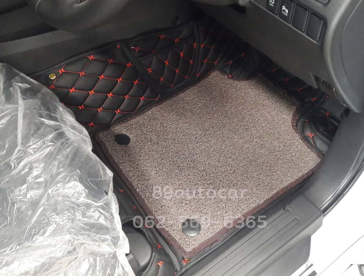 พรมรถยนต์ Mitsubishi Pajerosport 2022 ปูพรม7D สีดำด้ายแดง + ไวนิลดักฝุ่นสีน้ำตาล เต็มคัน