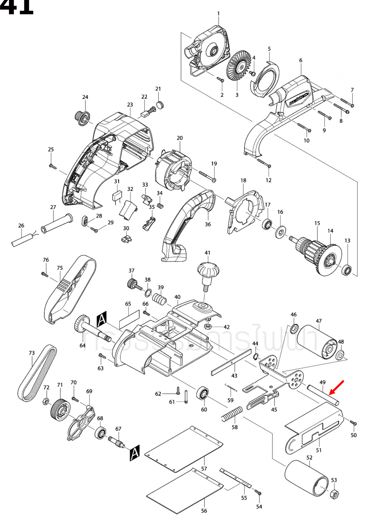 TENSION ROLLERSHAFT Maktec-มาคเทค, Makita มากีต้า 9403 [#54], MT940, MT941 [#49] Pn.323829-0 (แท้)##