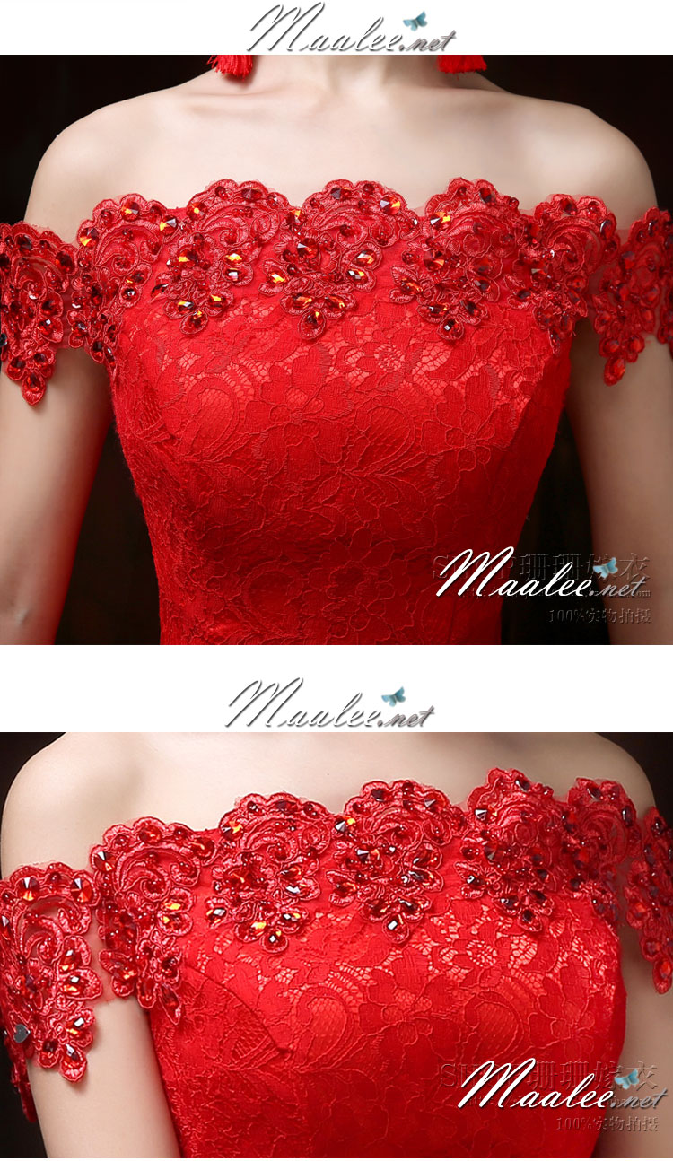 พร้อมส่ง ชุดราตรีสั้น แบบปาดไหล่เซ็กซี่ เข้ารูป สีแดง ผ้าลูกไม้ แต่งเลื่อมสุดหรู (เชือกผูกหลัง)