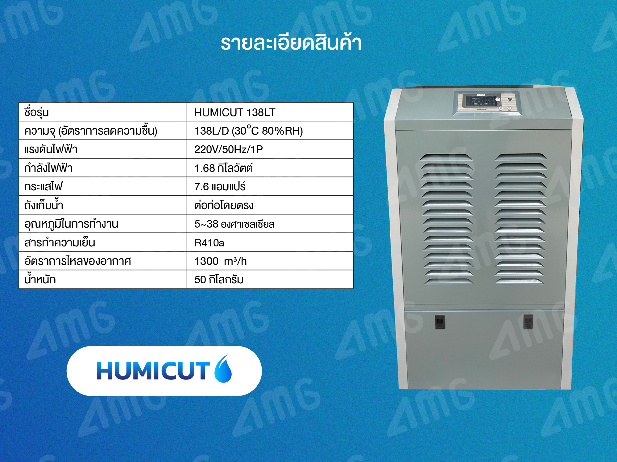 เครื่องลดความชื้นอุตสาหกรรม Humicut รุ่น 138LT (ลดความชื้น 138 ลิตร มีแท้งน้ำ)
