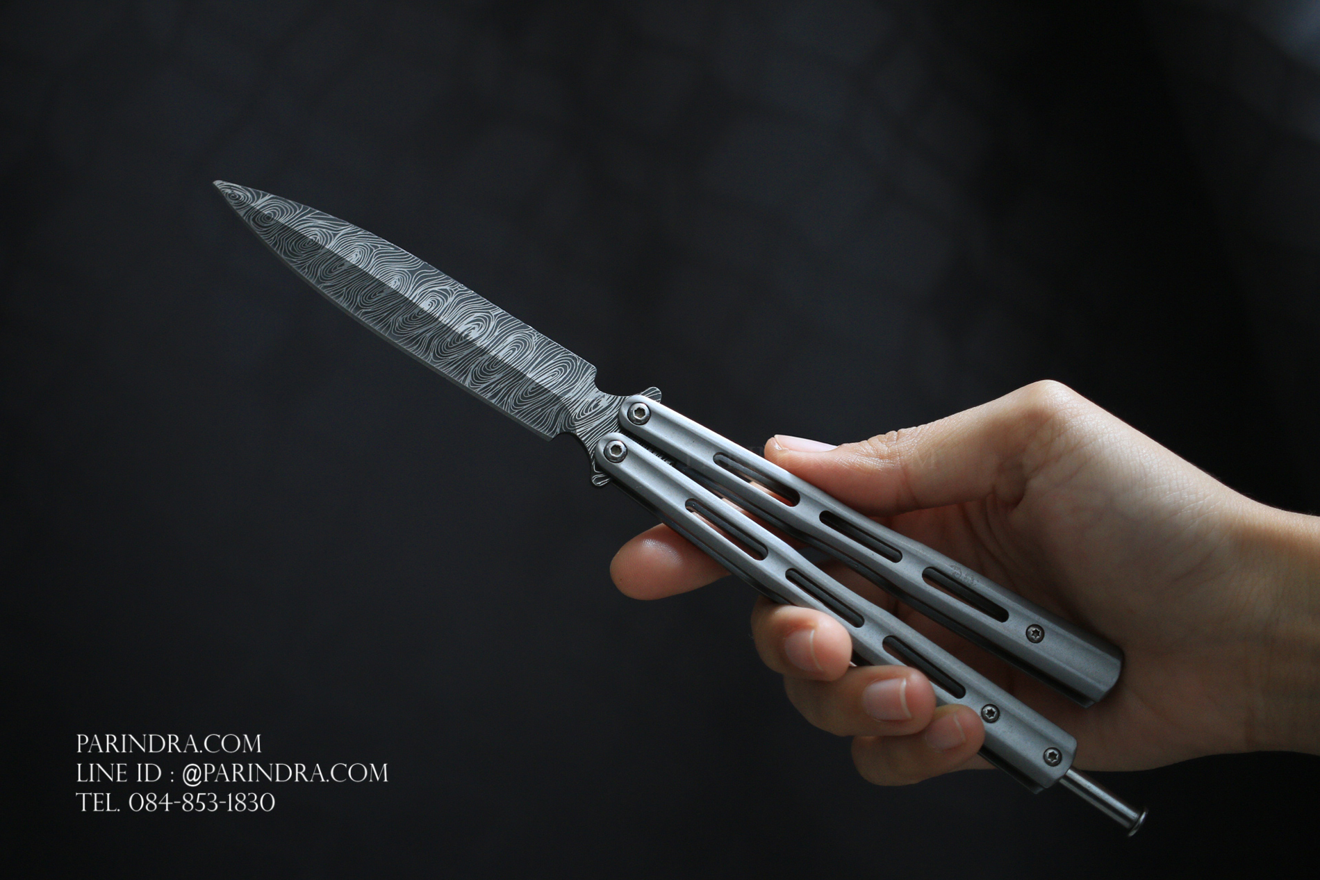 มีดบาลีซอง Balisong มีดควง มีดปีกผีเสื้อ ใบมีดยิงเลเซอร์ลายดามัสกัส
