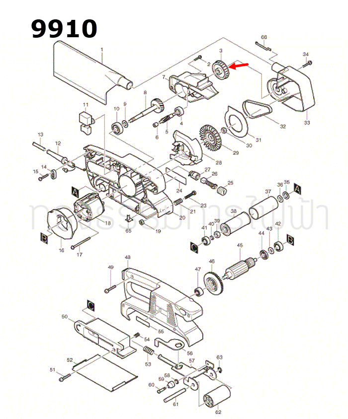 มู่เล่สายพาน เครื่องขัดกระดาษทรายสายพาน Makita 9910 [#3] Pn.222144-8 (แท้) ##(*)