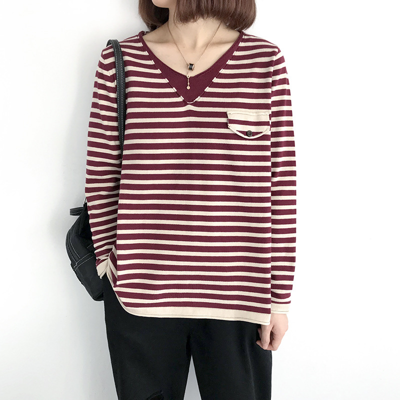 เสื้อยืดไหมพรมลายทางคอวี