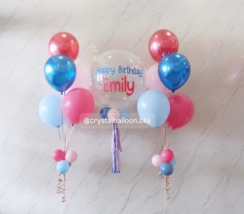 ลูกโป่งวันเกิดเด็ก Bubble ขนาด 24" กลิตเตอร์สีขาว พร้อมลูกโป่งช่อ 5 ลูก 2 ช่อ Theme ชมพู - ฟ้า พร้อมตกแต่ง สามารถเปลี่ยนสีลูกโป่ง/้เปลี่ยนข้อความ/เปลี่ยนขนาดลูกโป่งได้