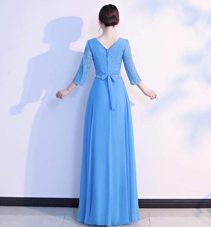 พร้อมส่ง ชุดราตรียาว สีฟ้า ไซส์ใหญ่ แขนสามส่วน แต่งลูกไม้ กระโปรงผ้าชีฟอง เอวแต่งเพชร ** มีไซส์ 2XL- 9XL (อก48 เอว42) **