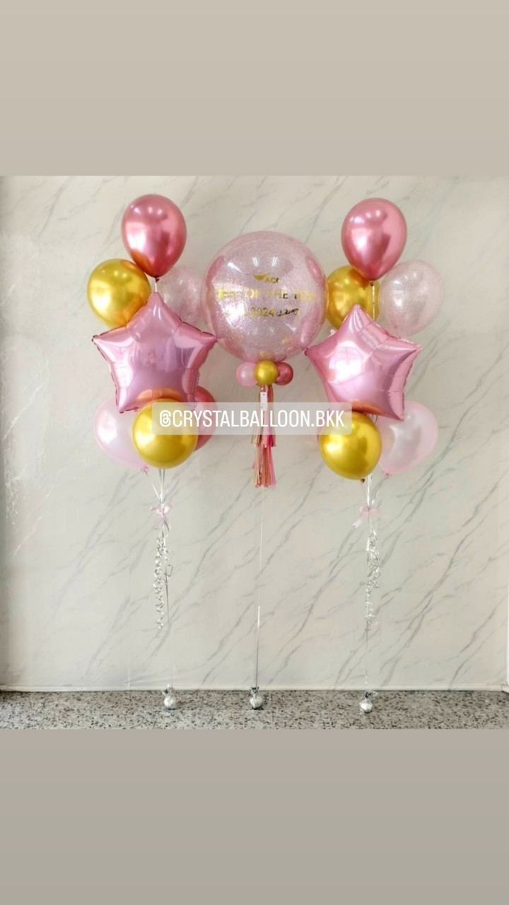 ลูกโป่ง เปิดงาน Bubble ขนาด 24" กลิตเตอร์สีชมพู 1 ลูก พร้อม ช่อลูกโป่งฟอยล์ดาว ขนาด 24" ช่อ 8 ลูก 2 ช่อ พร้อมตกแต่ง สามารถเปลี่ยนสีลูกโป่ง/เปลี่ยนข้อความ/เปลี่ยนสี-ฟอยล์ตกแต่งได้