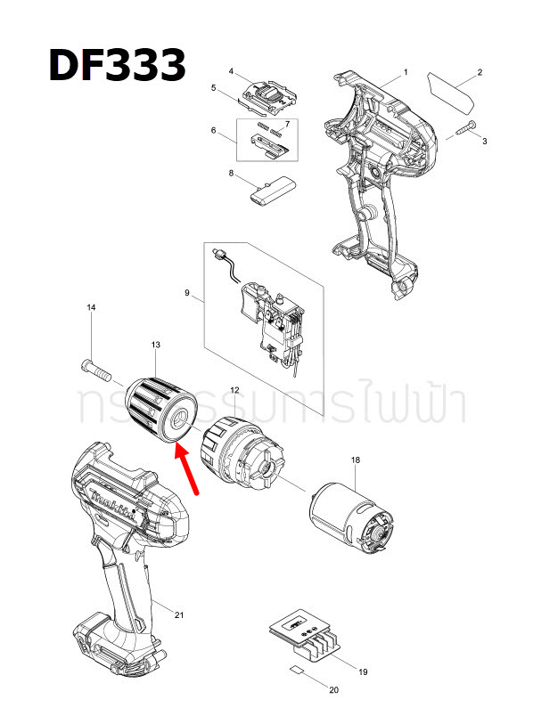 หัวสว่าน สว่านไขควงไร้สาย Makita DF332D, HP332D, DF333, DF333D, HP333, HP333D, HP333DZ [#13] Pn.763238-5 (แท้) ## (**)