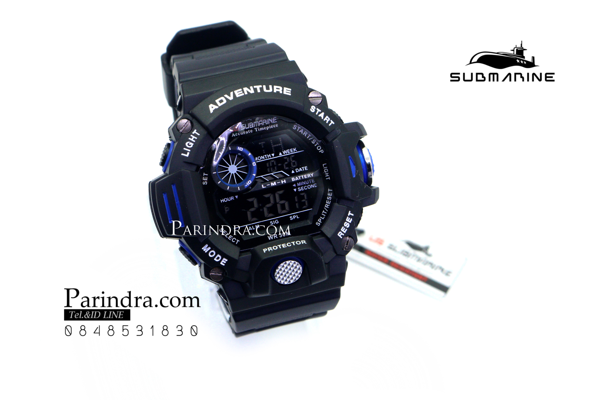 นาฬิกา US submarine รุ่น TP1328M สีดำตัดน้ำเงิน พื้นหลังดำ