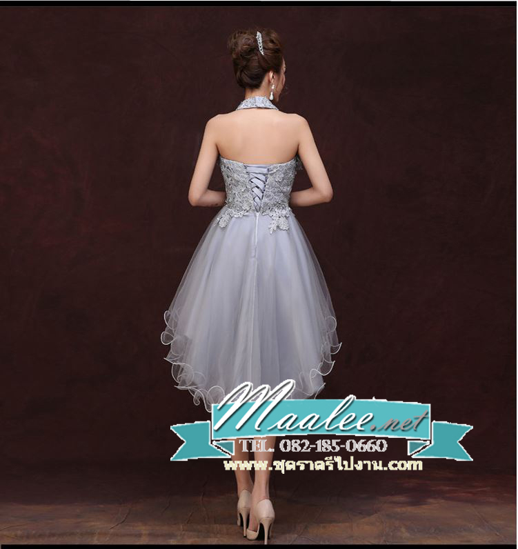 พร้อมเช่า ชุดราตรีสั้น เกาะอก ลูกไม้ หน้าสั้นหลังยาว สีเทา พร้อมสร้อยคอลูกไม้ ถอดแยกได้
