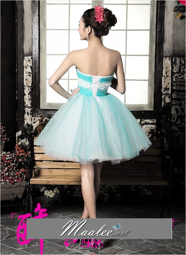 พร้อมเช่า ชุดแฟนซี เช่า 500 ชุดราตรีสั้น เกาะอก สีฟ้า ช่วงอกแต่งดอกเก๋มาก น่ารักฟรุ้งฟริ้ง