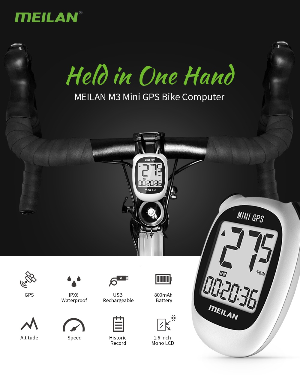 ไมล์จักรยาน MEILAN หน้าจอ 1.6 inch LCD Backlight GPS Bike Computer Wireless Cycling Bicycle IPX6 Waterproof Speedometer Odometer - White