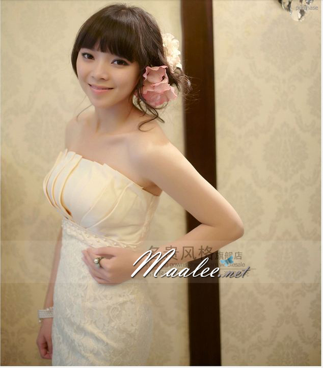 พร้อมส่ง ชุดราตรีสั้น เกาะอก สีครีม Champagne จับจีบหน้าอก กระโปรงลูกไม้