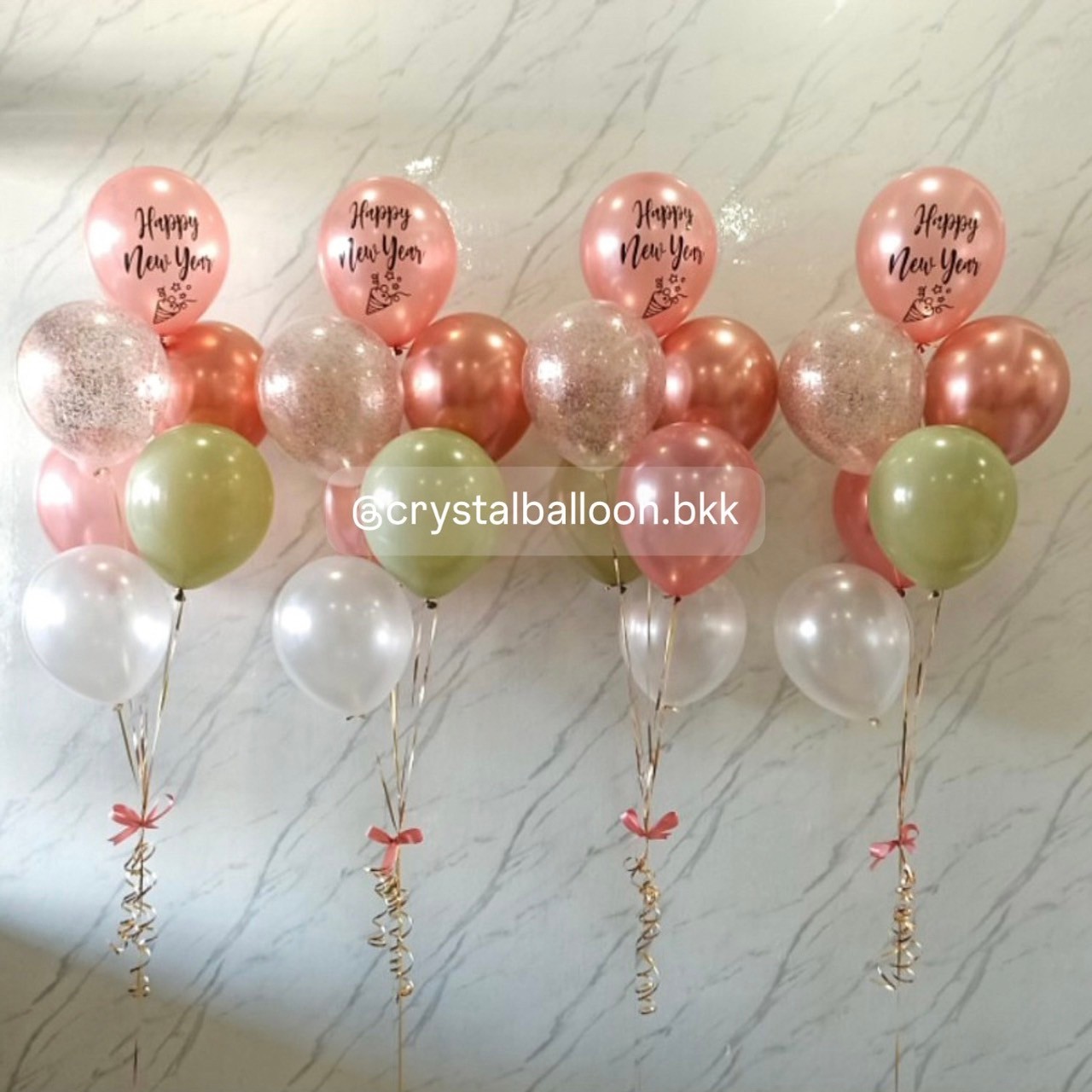 ลูกโป่ง Happy New Year ช่อลูกโป่ง ช่อ 6 ลูก 4 ช่อ โทนสี โรสโกลด์โครเมี่ยม-โรสโกลด์มุก-เขียว พร้อมตกแต่ง ลูกโป่งใส ใส่กลิตเตอร์ สามารถเปลี่ยนสีลูกโป่ง/เปลี่ยนข้อความได้
