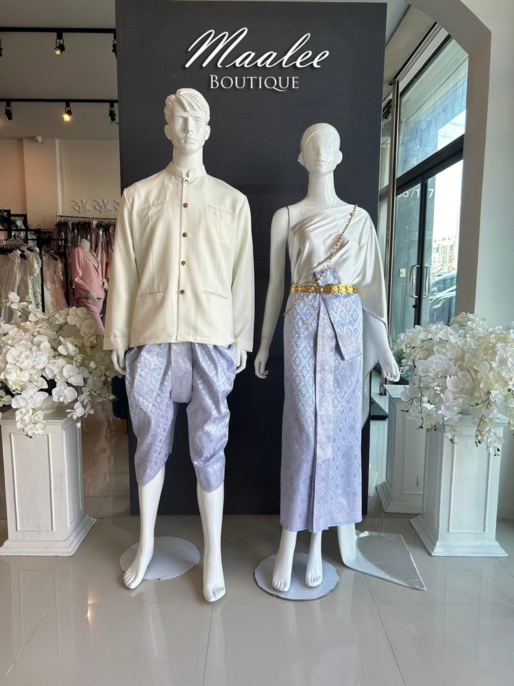 เช่า ชุดไทย ชุดเพื่อนเจ้าสาว ชุดไทยผ้าถุงสีชมพูฟ้าเงิน สไบเรียบสีเทาเงิน