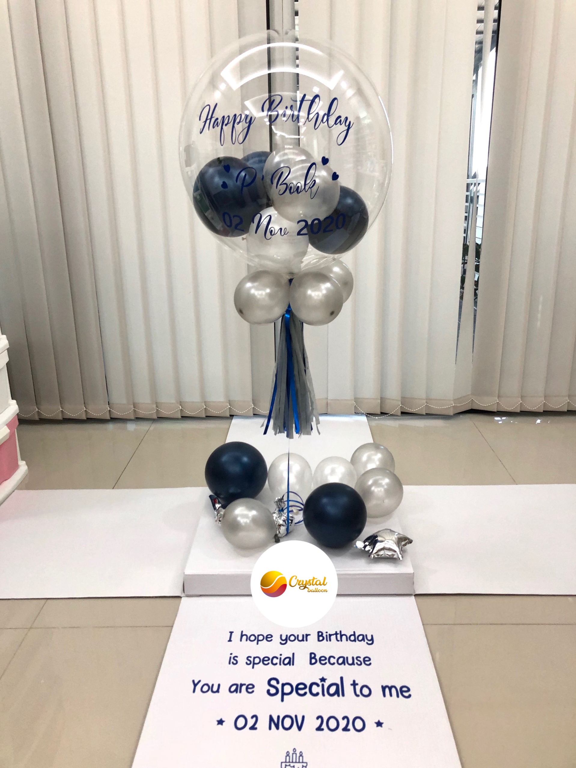 Happy Birthday Surprise Box กล่องเซอร์ไพรส์วันเกิด Bubble USA ขนาด 24" Theme Dark Blue พร้อมตกแต่ง สามารถใส่รูปได้ 4 ใบ สามารถเปลี่ยนสีลูกโป่ง/เปลี่ยนข้อความได้