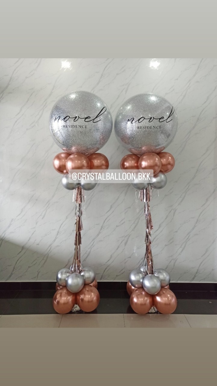 เสาลูกโป่ง เปิดร้าน Bubble ขนาด 36" กลิตเตอร์สีเงิน 2 เสา พร้อมตกแต่ง สามารถเปลี่ยนสีลูกโป่ง/เปลี่ยนข้อความได้