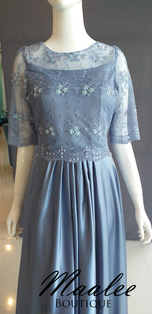 พร้อมเช่า ชุดเดรส ชุดแม่เจ้าสาว แขนยาวลูกไม้ สีฟ้าอมเทา