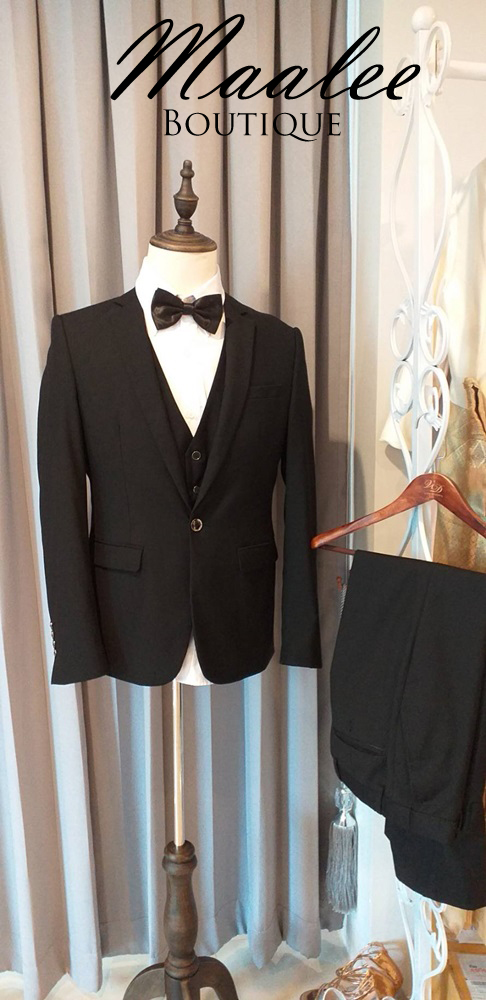 พร้อมเช่า ชุดสูทชาย สีดำ คลาสสิก รุ่นกระดุมเดียว (พร้อมเสื้อกั๊ก)