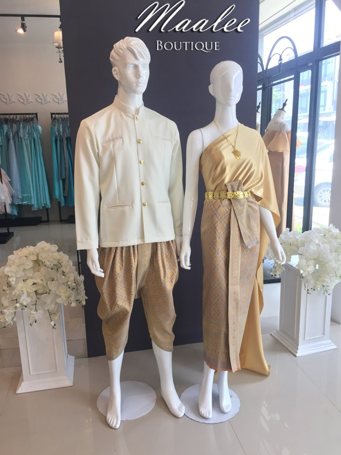 เช่า ชุดไทย ชุดเพื่อนเจ้าสาว ชุดไทยผ้าถุงทอง สไบเรียบ สีน้ำตาล ทอง