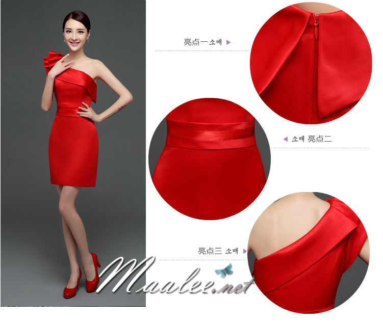 พร้อมเช่า ชุดราตรีสั้น ไหล่เดียว แต่งจีบระบายไหล่ขวา ผ้าซาตินเงา เรียบหรู (ซิปข้าง) สีฟ้า