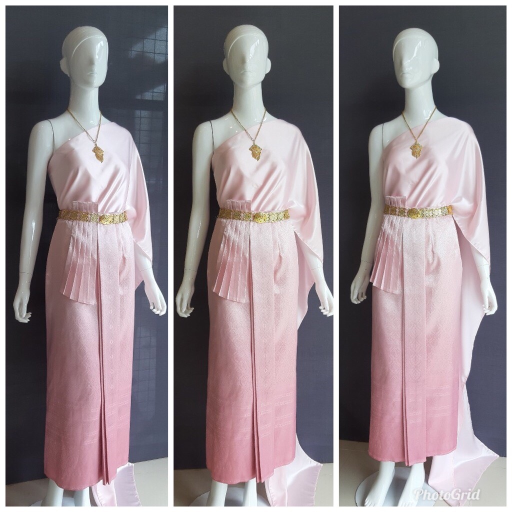 เช่า ชุดไทย ชุดเพื่อนเจ้าสาว ชุดไทยผ้าถุงสีชมพูไล่สี สไบเรียบ สีครีมงาช้าง