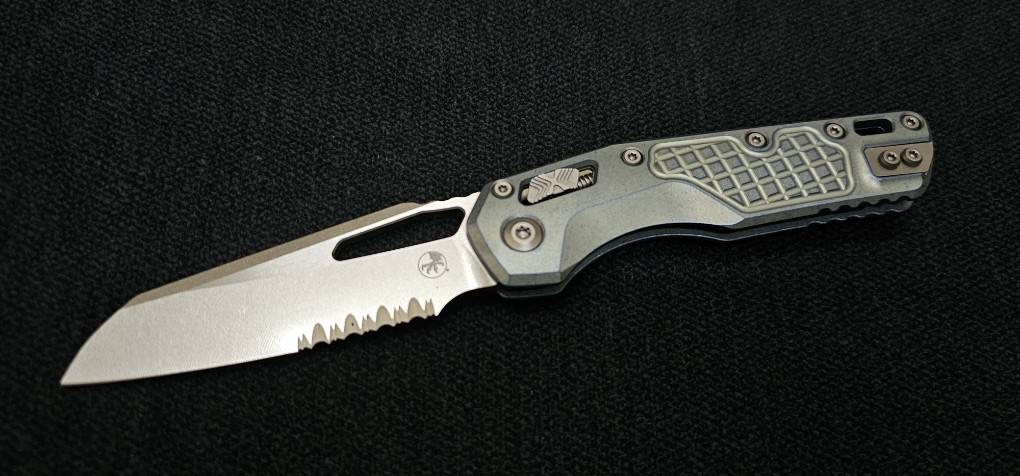 Microtech Marfione Select MSI RAM LOK Ice Blue Titanium Frag Handles w/ Double Vapor Blast & Blue Accents & Part Serrated Stonewash M390MK