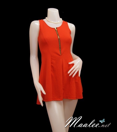Sale ชุดเดรสสั้น แต่งซิปสีทอง Mini Skirt สีแสด ผ้าลายทางเล็กๆ