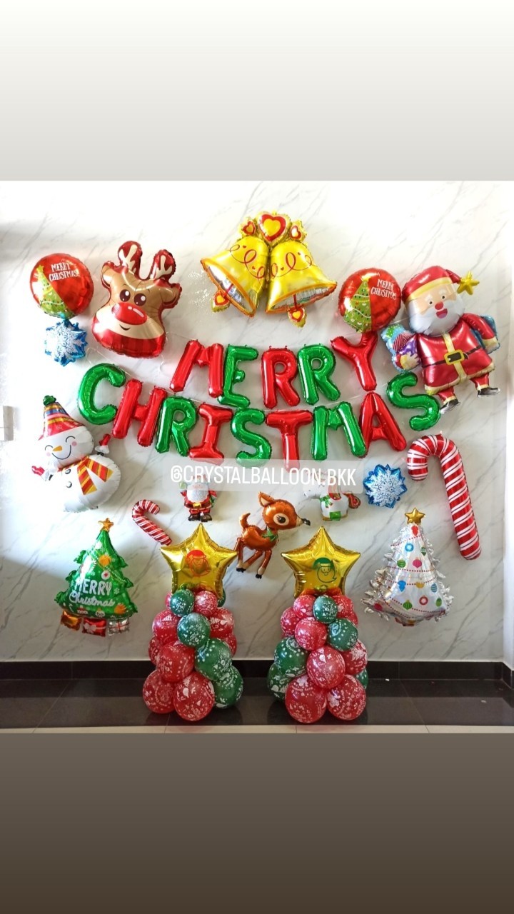 ลูกโป่ง Christmas ต้นลูกโป่ง ฟอยล์ดาว ขนาด 18" 2 ต้น สูง 60 ซม. พร้อม ฟอยล์ตกแต่ง ใหญ่ 10 ชิ้น,ฟอยล์ตกแต่ง เล็ก 5 ชิ้น,ฟอยล์ตัวอักษร Merry Christmas ขนาด 16" 1 ชิ้น พร้อมตกแต่ง สามารถเปลี่ยนสีลูกโป่ง/เปลี่ยนข้อความ/เปลี่ยนสี-ฟอยล์ตกแต่งได้
