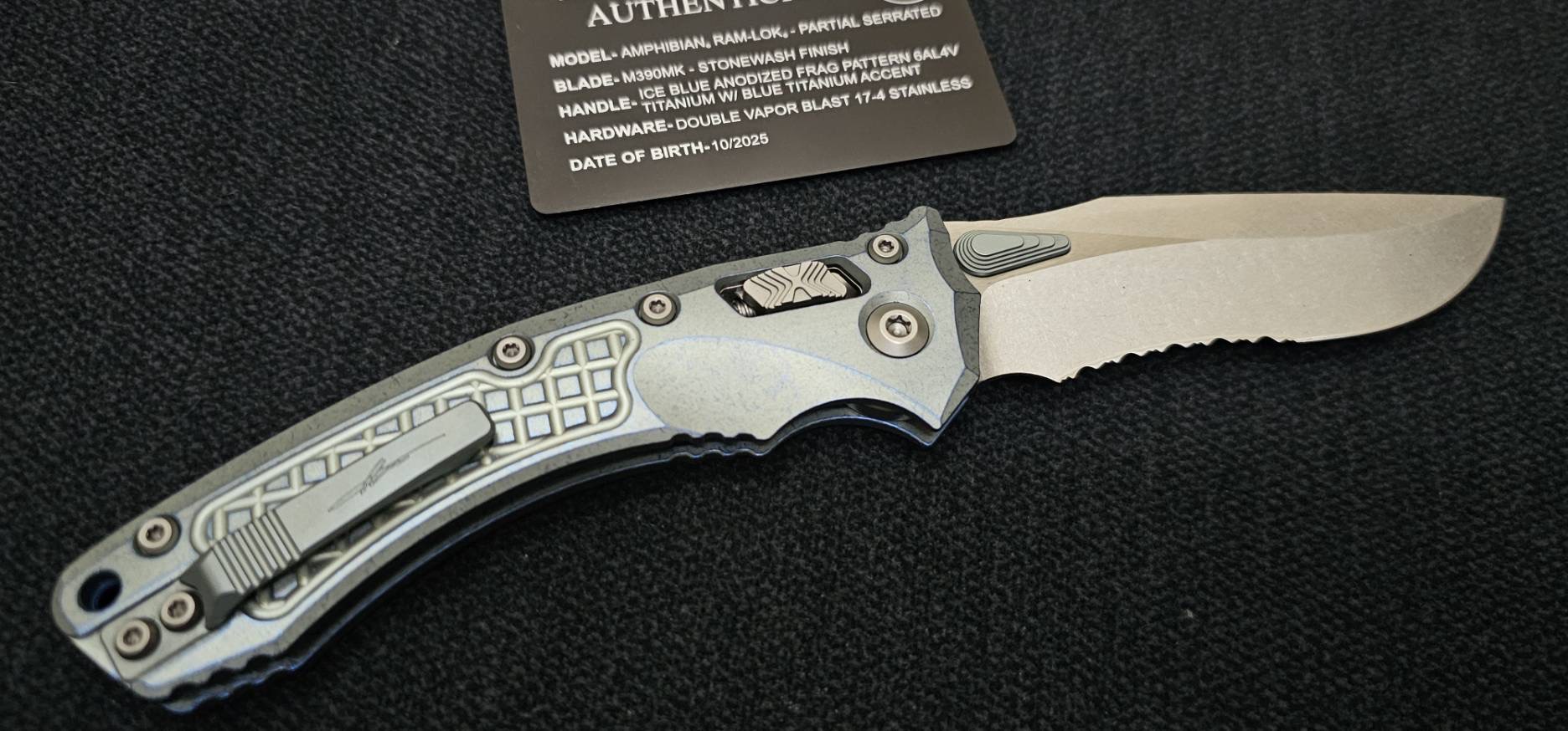 Microtech Marfione Select Amphibian RAM LOK Ice Blue Frag Titanium Handles & Serrated Stonewash M390MK & Blue Accents