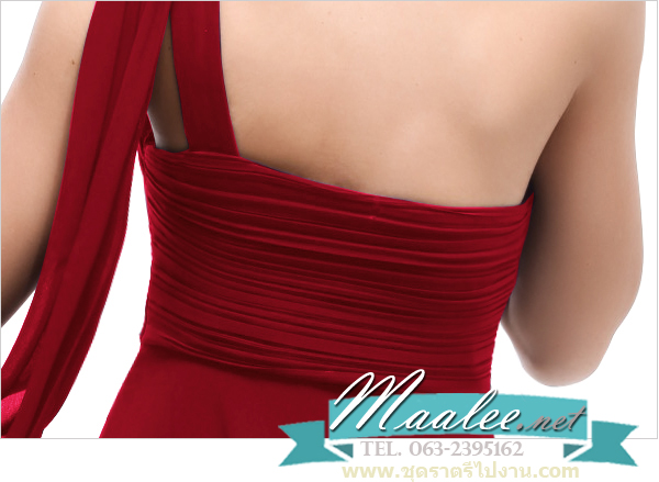 พร้อมส่ง ชุดราตรียาว เกาะอก ไหล่เดียว สีไวน์แดง ผ้าชีฟองจับเดรปไขว่ช่วงหน้าอก ทิ้งชายด้านหลัง (ซิปข้างลำตัว)