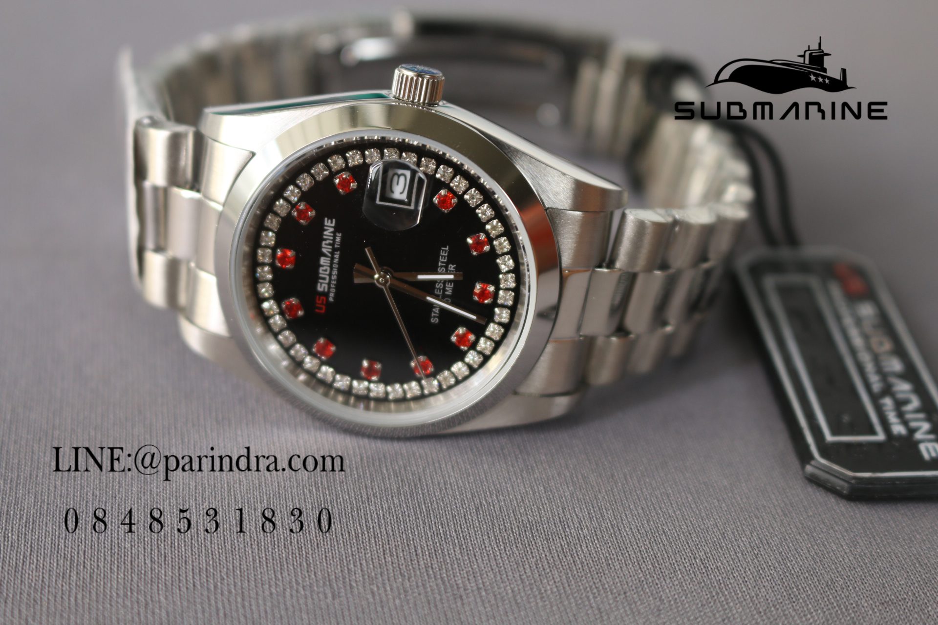 นาฬิกา US submarine รุ่น SUB101M D สีเงินล้วนหน้าปัดสีดำเพชรแดง