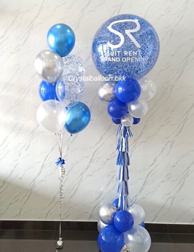 เสาลูกโป่ง เปิดงาน Bubble ขนาด 36" กลิตเตอร์สีน้ำเงิน 1 เสา พร้อม ช่อลูกโป่ง ช่อ 7 ลูก 1 ช่อ พร้อมตกแต่ง สามารถเปลี่ยนสีลูกโป่ง/เปลี่ยนข้อความได้