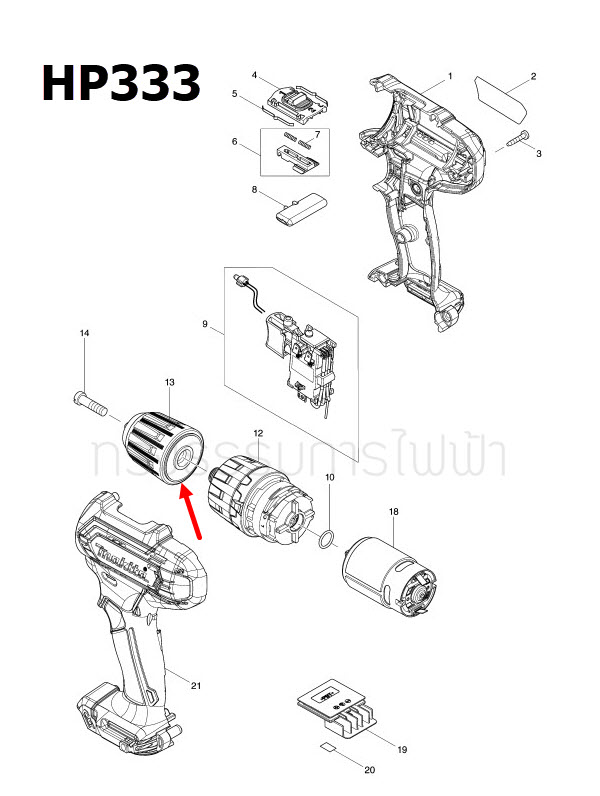 หัวสว่าน สว่านไขควงไร้สาย Makita DF332D, HP332D, DF333, DF333D, HP333, HP333D, HP333DZ [#13] Pn.763238-5 (แท้) ## (**)