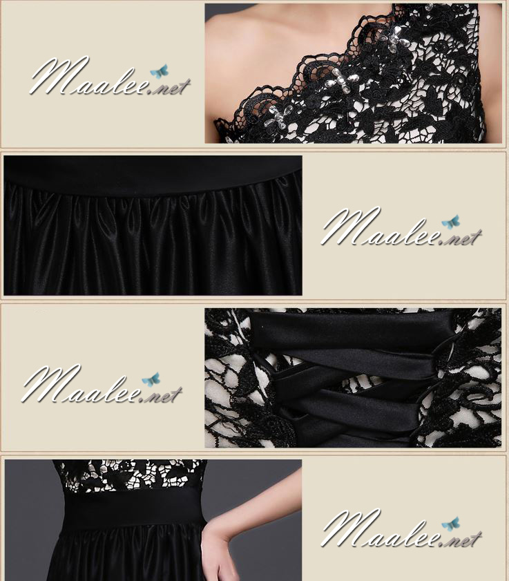 พร้อมเช่า ชุดราตรียาว ไหล่เดียว อกแต่งลูกไม้ ประดับคริสตัลหรู กระโปรงเนื้อนิ่มผ้ามัน สีดำ